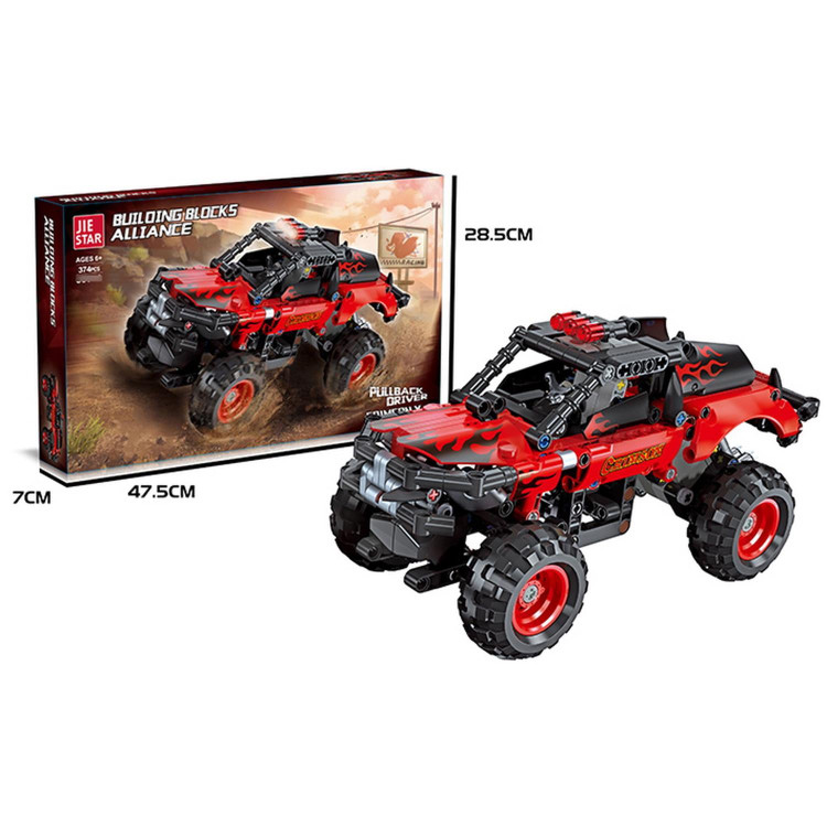 لگو ساختنی ماشین آفرود عقبکش crimson V-1 دارای ۳۷۴ قطعه مجهز به موتور عقبکش برای حرکت خودکار برند JIE STAR در ابعاد ۲۸ در ۳۳ سانت کد ۵۸۰۳۸
