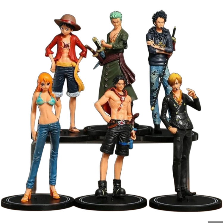 فیگور ست ۶ عددی انیمه وان پیس one piece شامل لوفی (Luffy)، زورو (Zoro)، نامی (Nami)، سانجی (Sanji)، ایس (Ace) و تراکتور لا (Trafalgar Law)