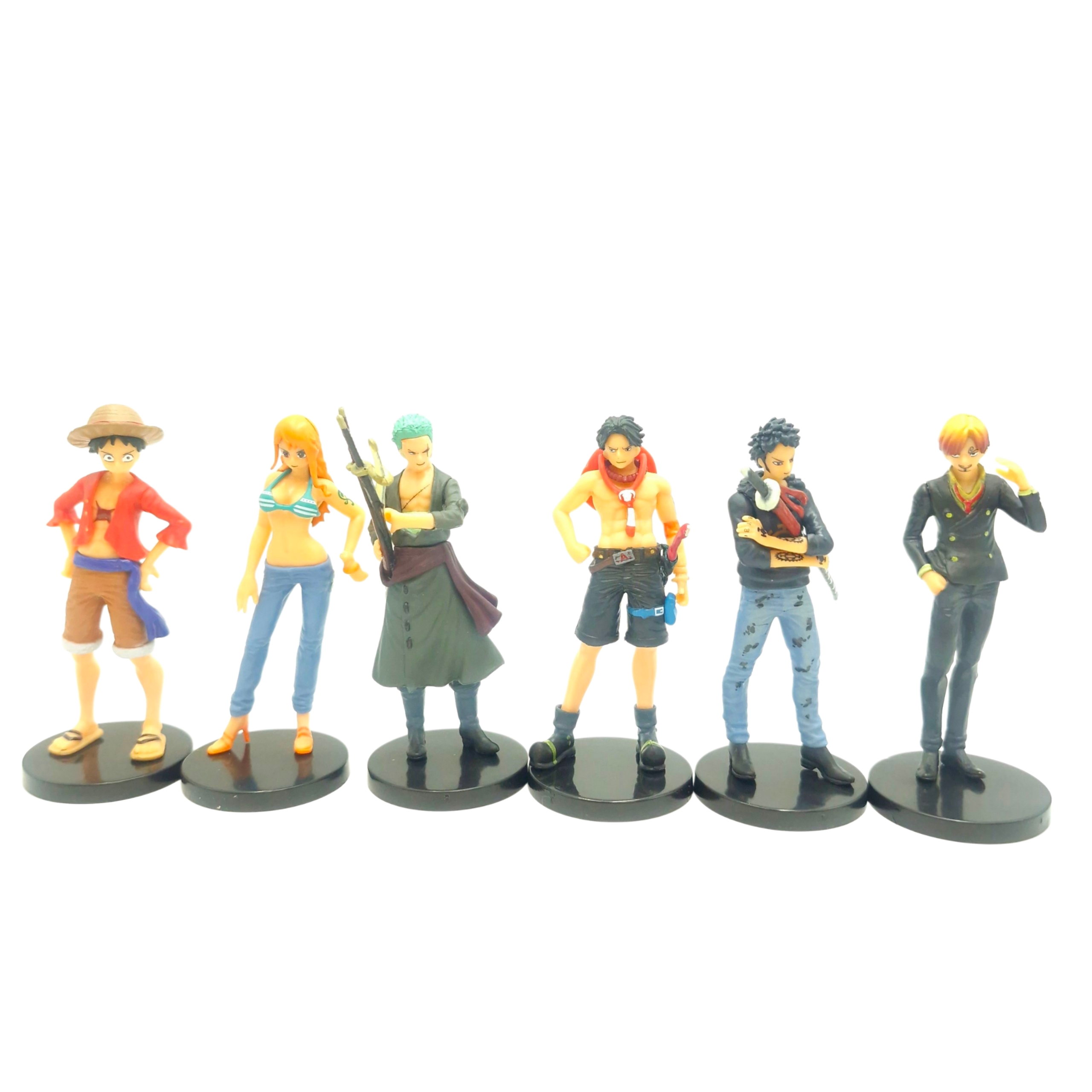 فیگور ست ۶ عددی انیمه وان پیس one piece شامل لوفی (Luffy)، زورو (Zoro)، نامی (Nami)، سانجی (Sanji)، ایس (Ace) و تراکتور لا (Trafalgar Law)