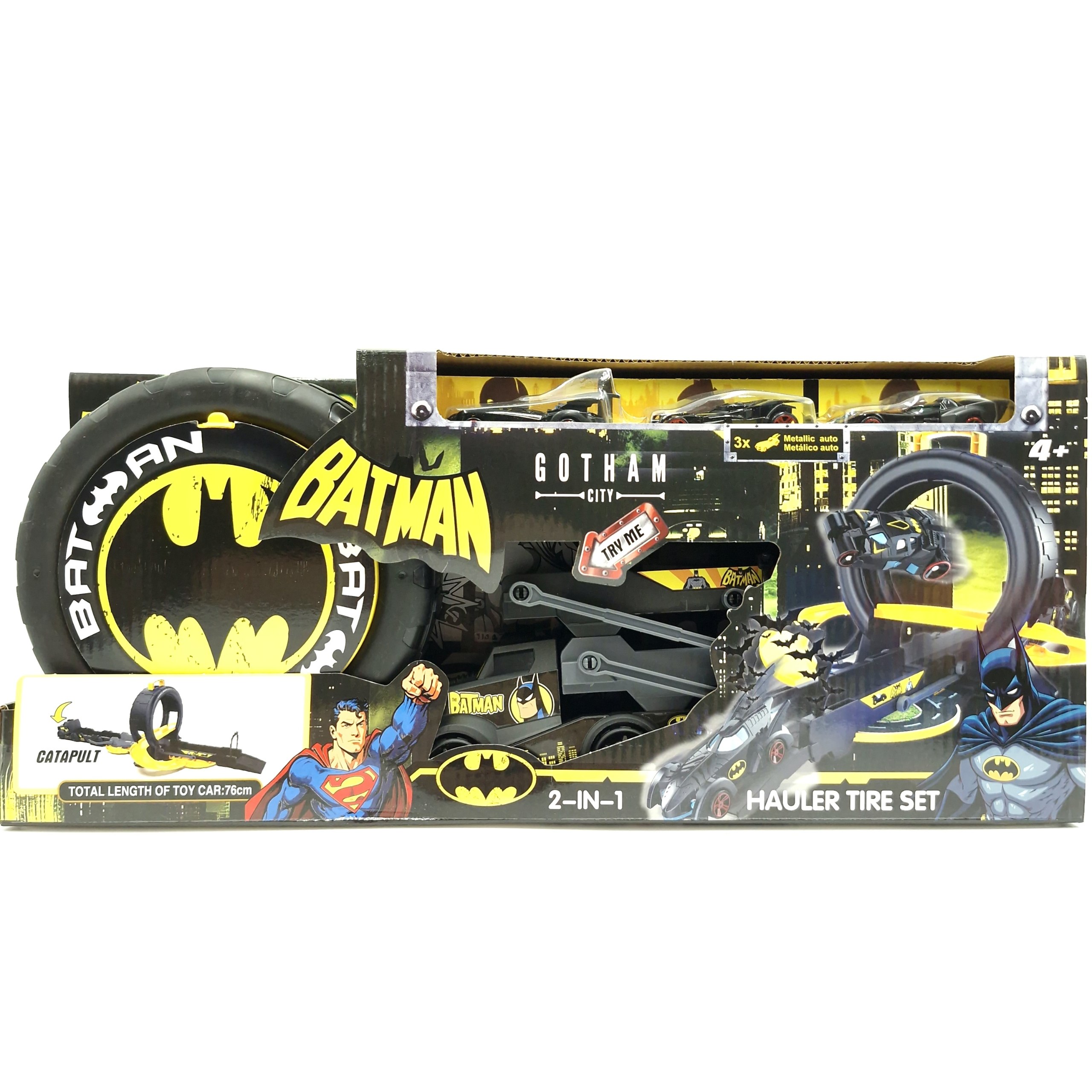 ست ماشین‌بازی ۲ در ۱ بتمن و سوپرمن شامل کامیون و ۳ عدد ماشین فلزی و یک پیست مسابقه برند Gotham city کد 858-7